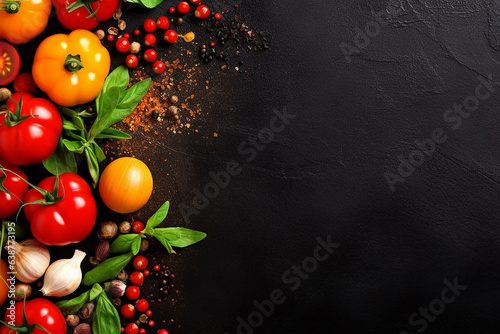 Culinary Creations on Black Stone Cooking Background - Spices, Vegetables, and Flavors Crafted with Generative AI