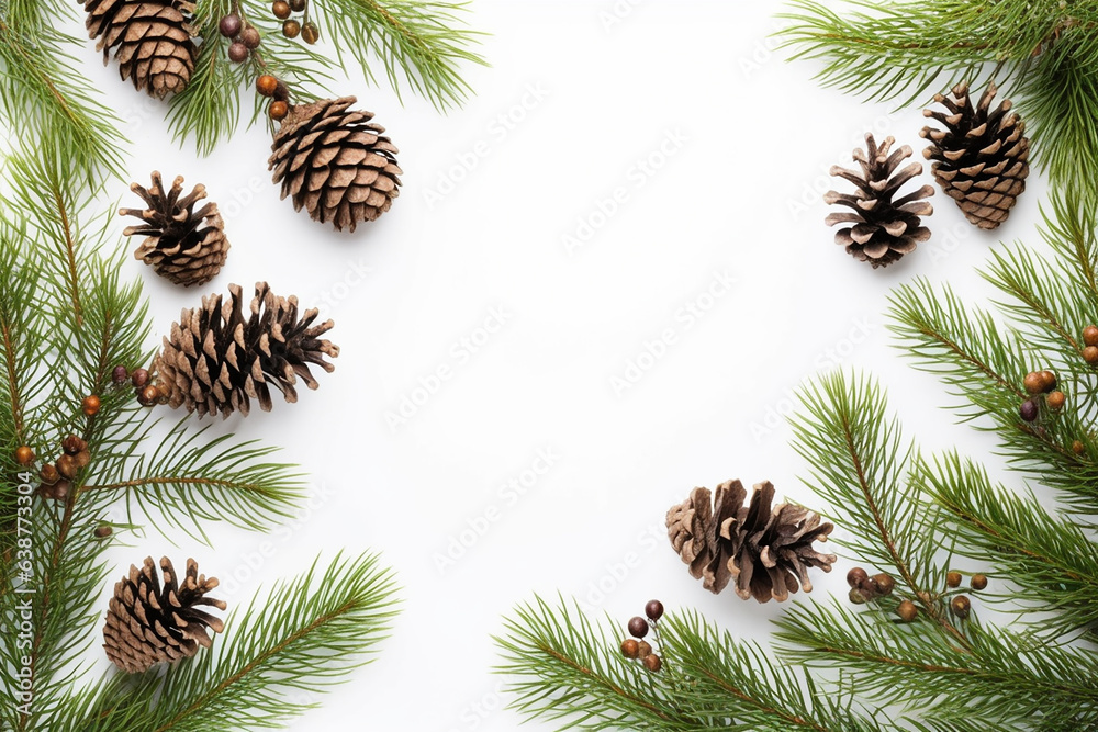 Festive Christmas Frame of Fir Tree Branches and Pine Cones on White Background Created with generative AI tools Festive Christmas Frame of Fir Tree Branches and Pine Cones on White Background Created with generative AI tools