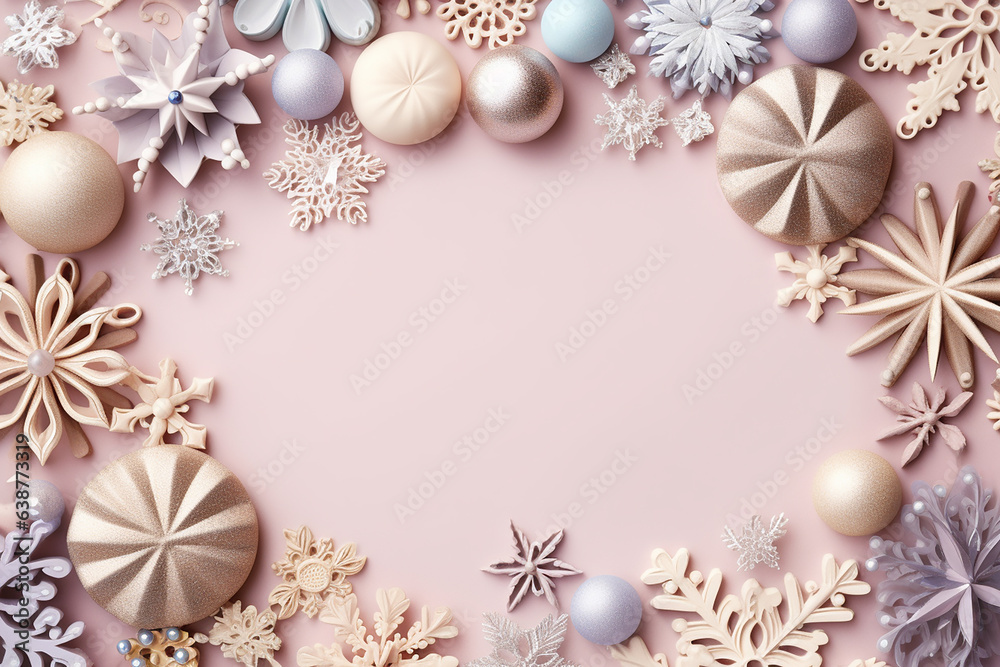 Festive Christmas Frame with Snowflakes, Baubles, and Decorations on Pastel Background Created with generative AI tools