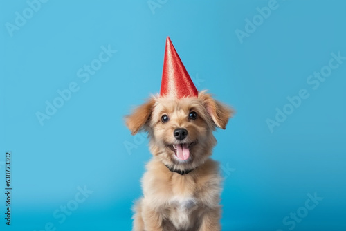 Festive Canine Celebration - Adorable Dog with Red Party Hat and Blow-out on Blue Background- Created with generative AI tools
