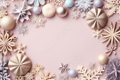 Festive Christmas Frame with Snowflakes, Baubles, and Decorations on Pastel Background Created with generative AI tools