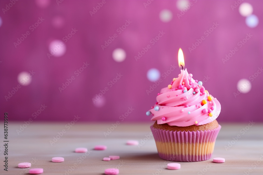 Tempting Birthday Cupcake with Candle on Vibrant Background - Created with generative AI tools