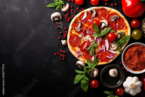 From Ingredients to Delight: Raw Ingredients and Ready-Made Pizza on Black Background Created with generative AI tools