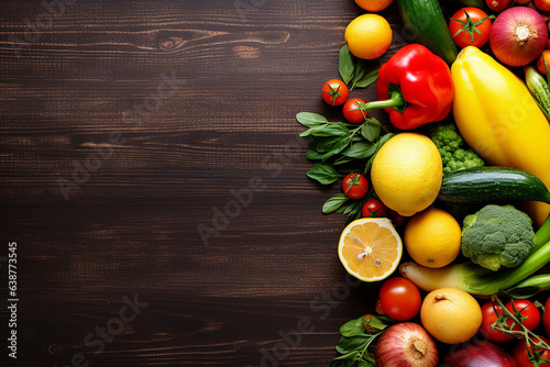 Nutrient-Rich Healthy Food - Fresh Vegetables and Fruits on Ash Wooden Background Created with generative AI tools