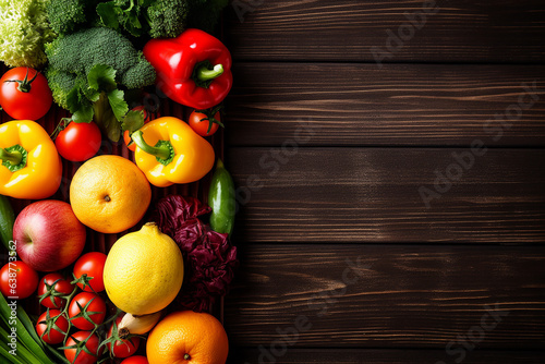 Nutrient-Rich Healthy Food - Fresh Vegetables and Fruits on Ash Wooden Background Created with generative AI tools