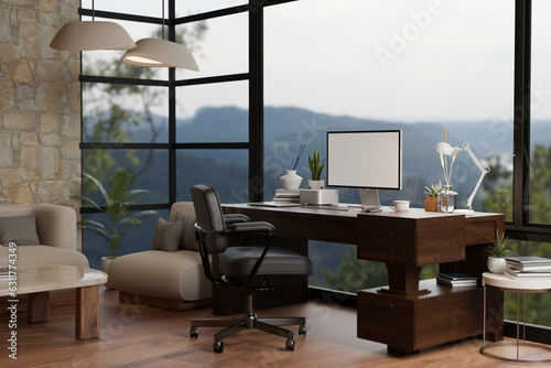 A modern, luxury home working room or office with a computer desk against a large glass wall