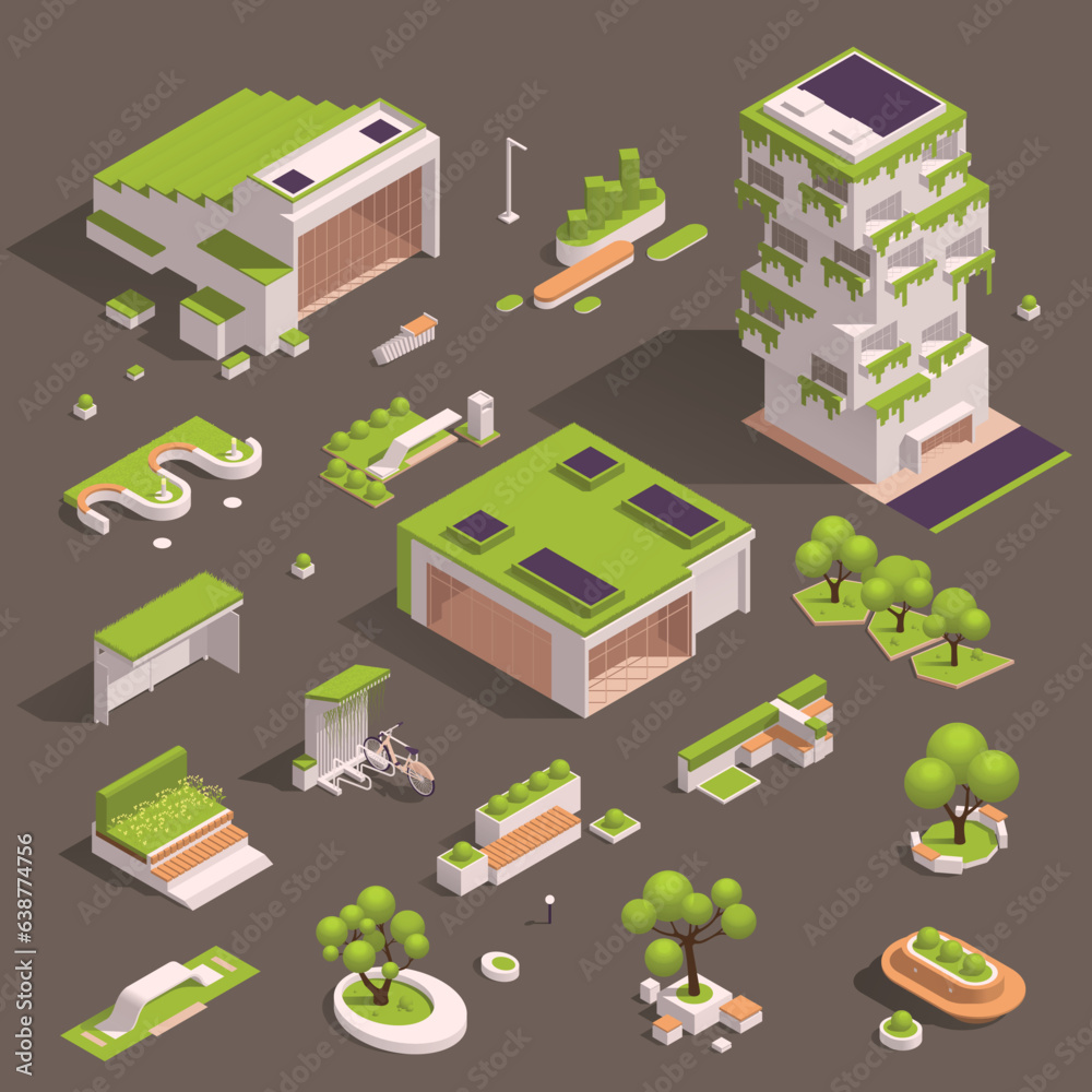 Urban City Green Spaces Eco Design Isometric Icon Set