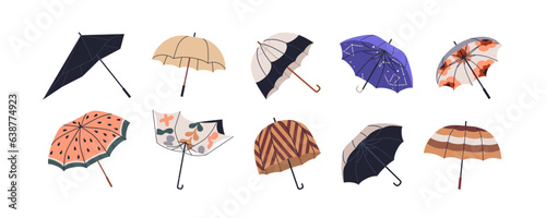 Open umbrellas for rain. Unfolded parasols, protecting canopies set. Rainy weather accessories designs with handles, waterproof fabric. Flat vector illustrations isolated on white background