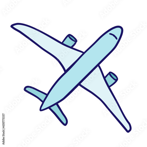 Hand drawn plane. Doodle airplane icon isolated. Clipart for travel and tourism illustration. Traveling by aeroplane. Airliner top view. Childish colored flat vector illustration