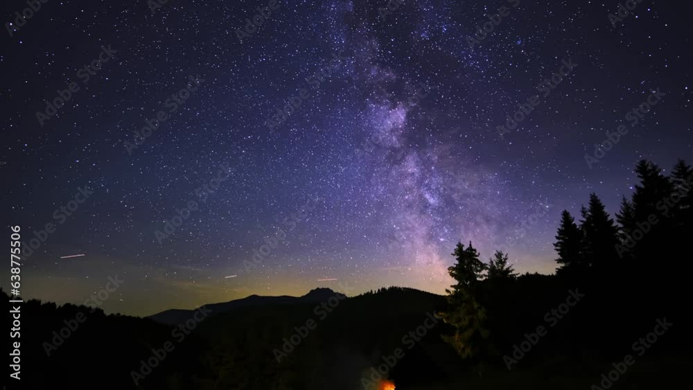 The Milky Way Galaxy moving over the mountain ridge. Starry night. Perseid Meteor Shower
