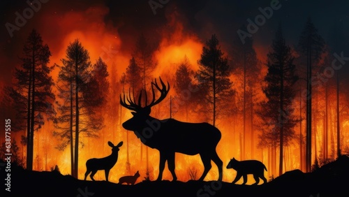 Silhouette of wild animals and wildfire