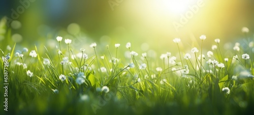 Fresh green grass and white blooming flowers on meadow in morning light in spring summer outdoors closeup macro, panorama background banner
