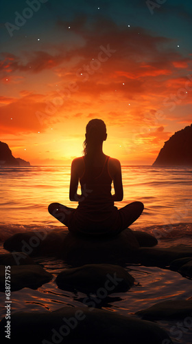 woman sitting cross-legged meditating by the sea in the sunset