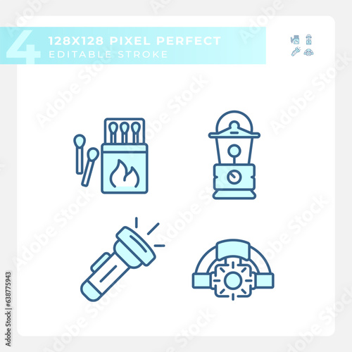 2D pixel perfect blue thin line icons pack representing hiking gear, editable isolated illustration.