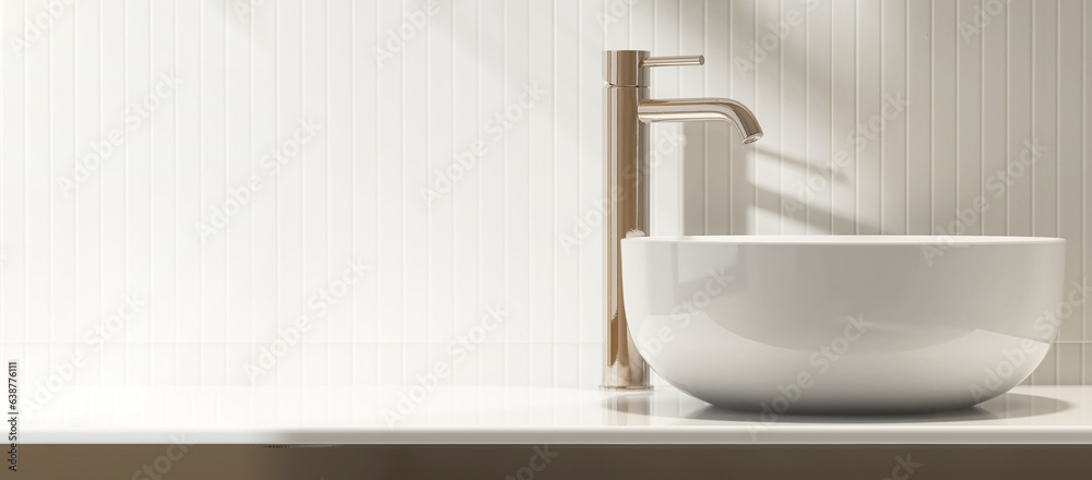White stone vanity counter, modern bowl washbasin, gold chrome faucet in sunlight, shadow on cream wood panel wall for luxury beauty, cosmetic, skincare, body care product display background 3D White stone vanity counter, modern bowl washbasin, gold chrome faucet in sunlight, shadow on cream wood panel wall for luxury beauty, cosmetic, skincare, body care product display background 3D