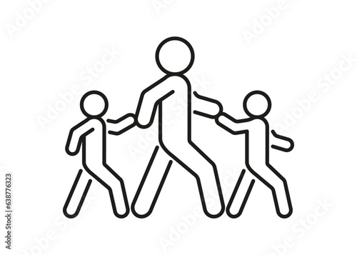 Pedestrian adult person and children walk, escort hold hand, line icon. Safely cross road and walk symbol. Vector outline