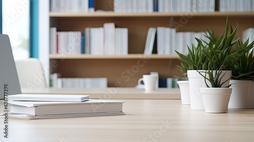 Cropped shot of white table with books, stationery and copy space in blurred study room