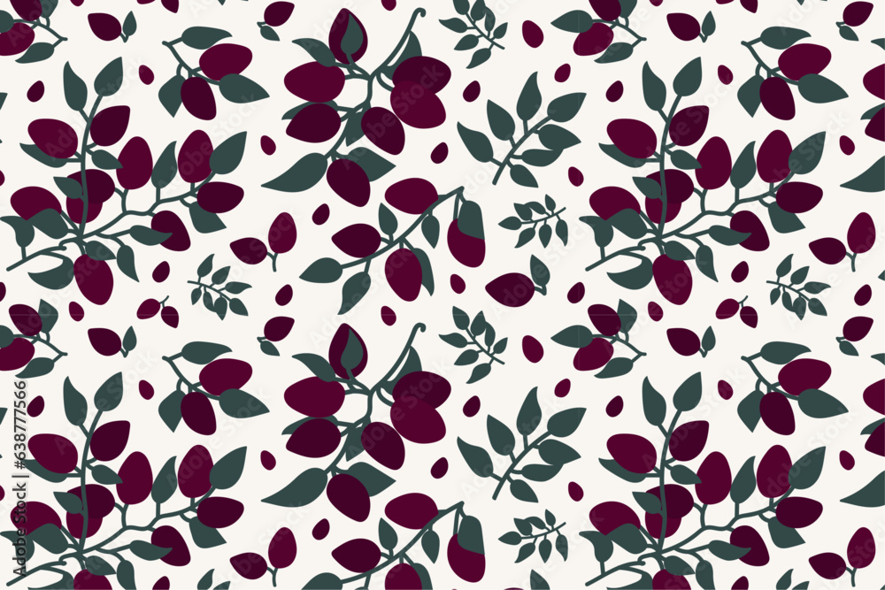 seamless pattern with plums on a branch. Vector pattern with berries, fruits and leaves, autumn, spring pattern