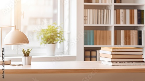 Cropped shot of white table with books  stationery and copy space in blurred study room