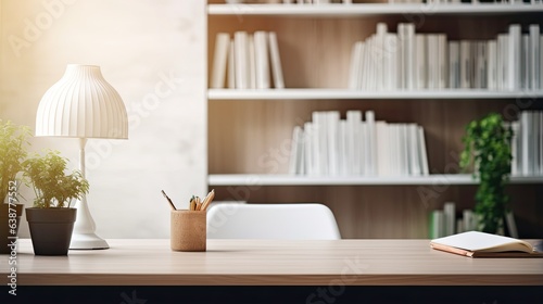 Cropped shot of white table with books, stationery and copy space in blurred study room © ffunn