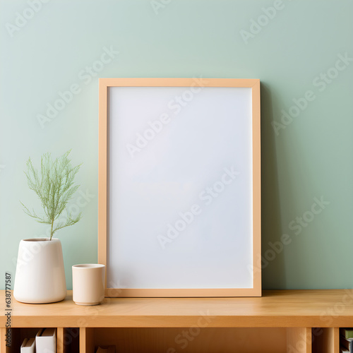 Portrait Poster Art Mockup on Wooden Table with Potted Plant and Green Sage Wall Decor