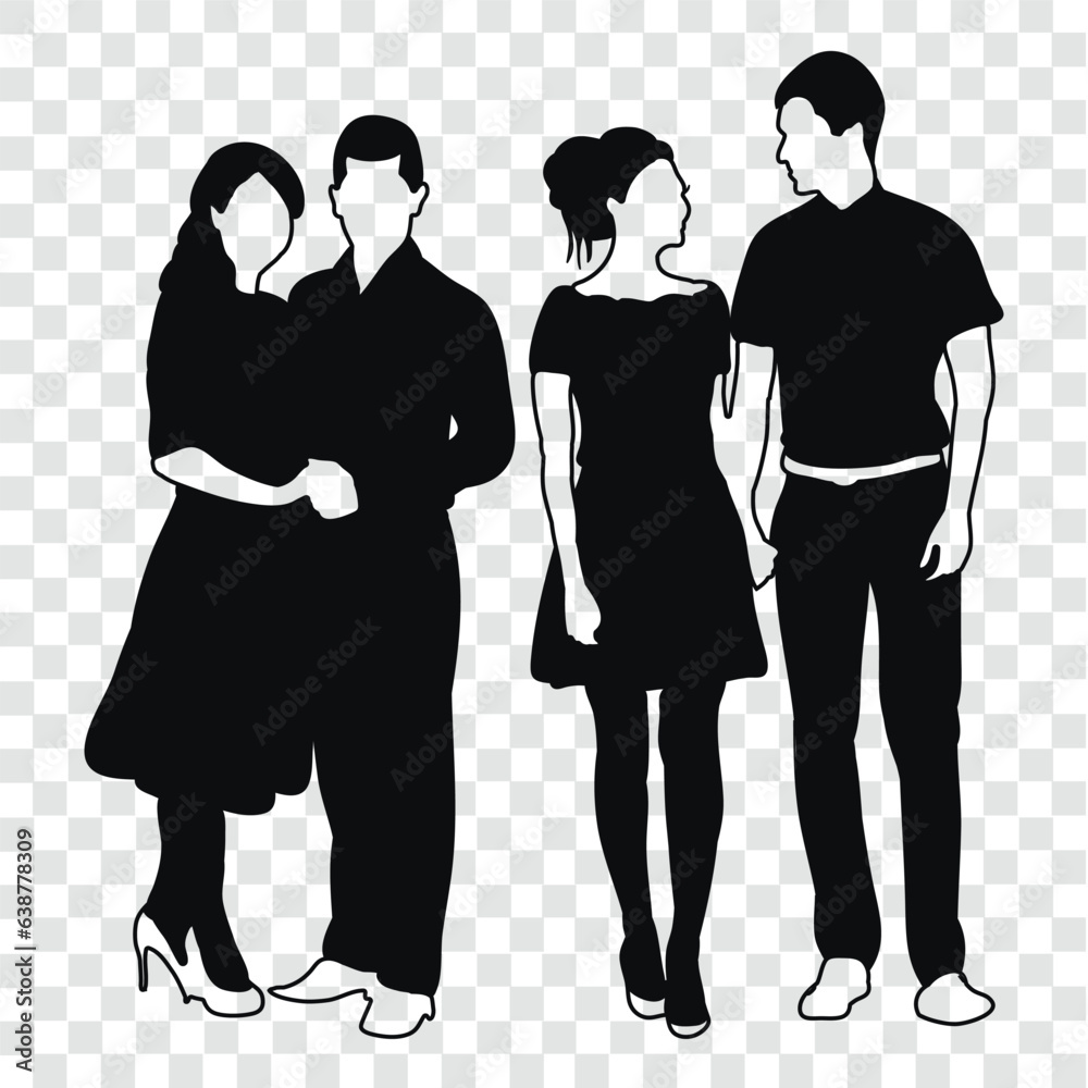 Black Silhouette of young couple isolated on transparent grid ...