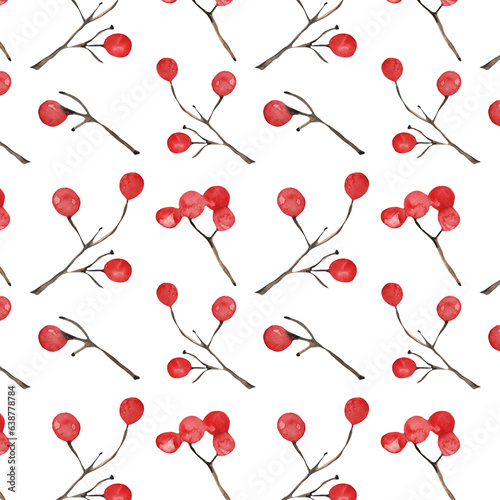 Christmas watercolor horizontal seamless pattern with holly berries.Winter pattern