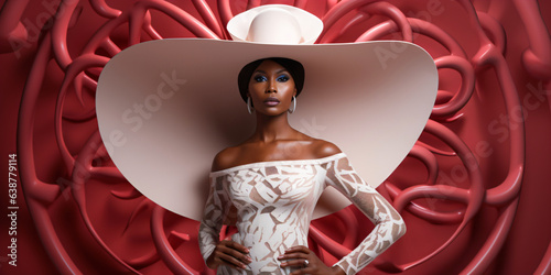black woman with big abstract hat and white dress from the nineteen-twenties, crazy twenties style