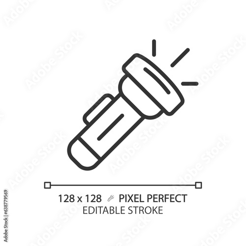 2D pixel perfect black flashlight icon, isolated vector, editable hiking gear thin line illustration.