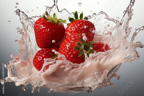 Strawberry fruit with milk splash isolated on plain background