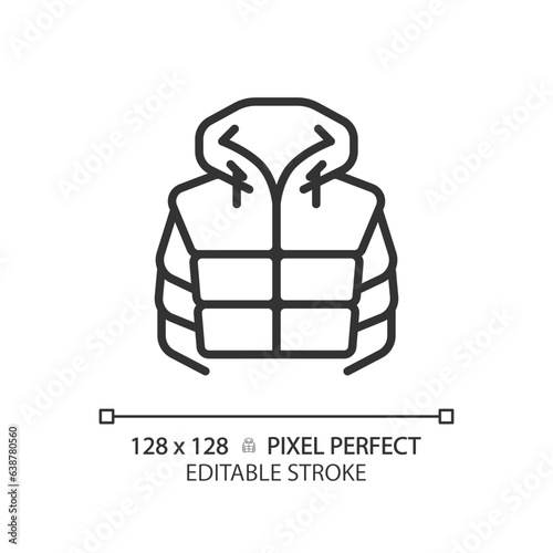 2D pixel perfect black padded jacket icon, isolated vector, editable hiking gear thin line illustration.