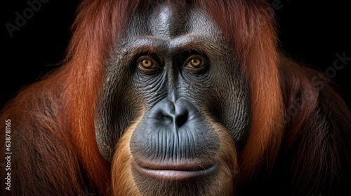 Zoo wildlife animal - Closeup portrait head of old orangutan (pongo), isolated on black background