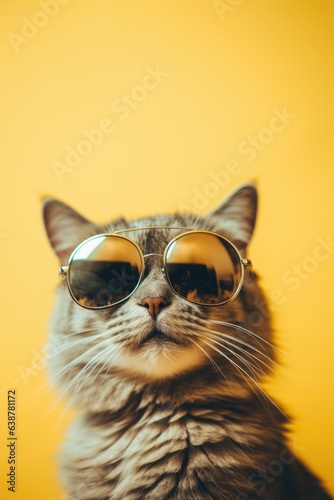 Closeup portrait of gray british furry cat in fashion sunglasses. Funny pet on bright yellow background. Kitten in eyeglass. Fashion, style, cool animal vertical concept with copy space