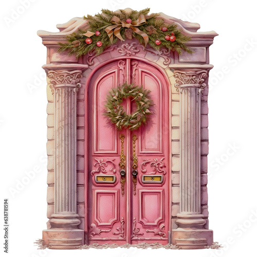 Romantic Cozy Christmas Front Door Pink Watercolor Illustration