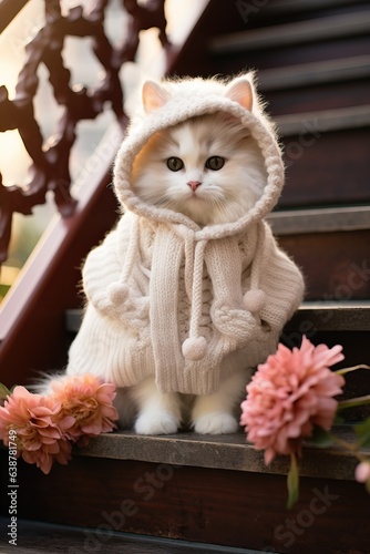 Cute white fluffy kitten of the Turkish Angora or Ragdoll breed. Cat with beautiful blue eyes weasring in a hoodie. Background with pet and flowers in sunny day. Spring concept