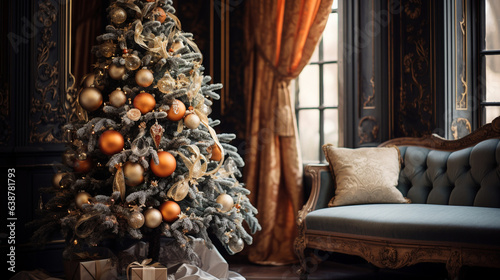 A designer s touch on a Christmas tree  showcasing a harmonious blend of metallic ornaments  rich velvet ribbons  and vintage-inspired baubles 