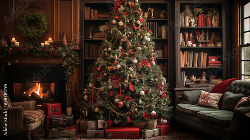 A traditional Christmas tree adorned with handmade ornaments, heirloom decorations, and cherished family mementos, celebrating nostalgia 