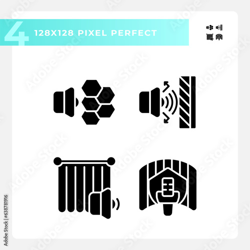 2D pixel perfect glyph style icons set representing soundproofing, silhouette illustration, solid simple pictogram.