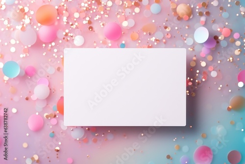 White greeting card over scattered colorful sequins and confetti on isolated light pink background with blank space. Mockup template. Flat lay, top view with plase for text photo