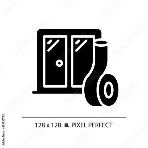 2D pixel perfect soundproof windows glyph style icon, isolated vector, soundproofing solid illustration.