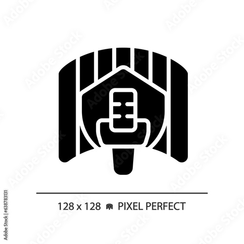 2D pixel perfect soundproof studio glyph style icon, isolated vector, soundproofing solid illustration.