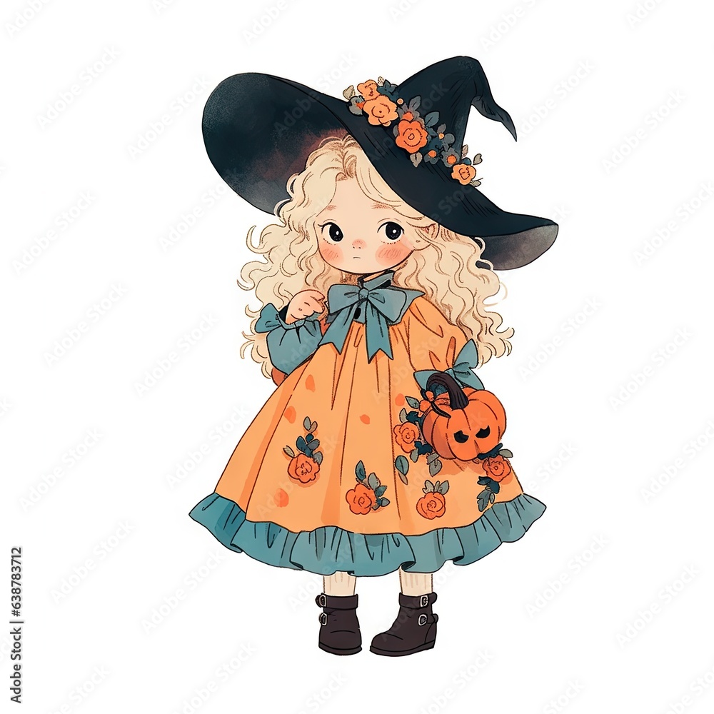 Cute little witch with pumpkin lantern isolated on white background. Girl with blond hair, in hat and orange dress. Cartoon character. Halloween  illustration for children