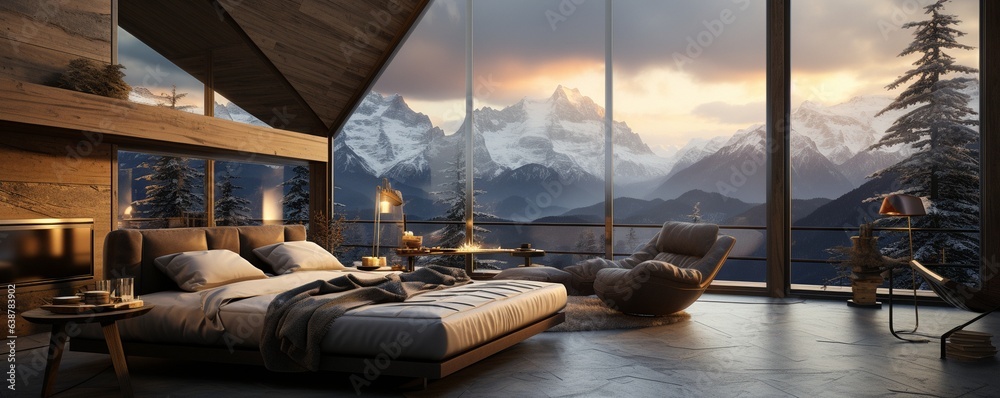 Fototapeta premium A neural network's rendering of the interior of a mountain hotel room in the morning.