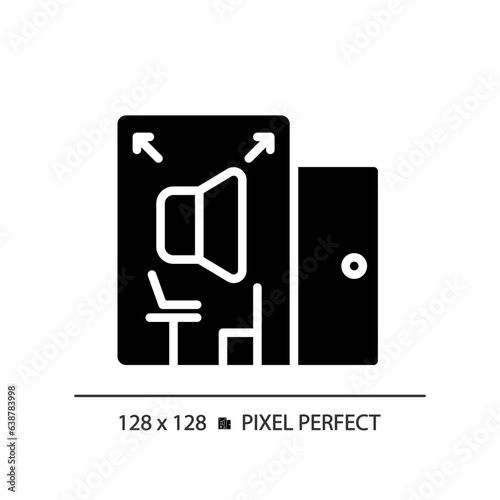 2D pixel perfect soundproof room glyph style icon, isolated vector, soundproofing solid illustration.