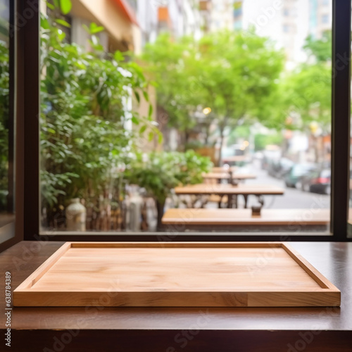 Empty wooden tray on perspective wooden table on top over blur background view from the coffee shop window. Can be used mock up for montage products display or design layout generative Ai
