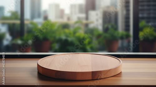 Empty wooden tray on perspective wooden table on top over blur background view from the coffee shop window. Can be used mock up for montage products display or design layout generative Ai