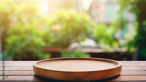 Empty wooden tray on perspective wooden table on top over blur background view from the coffee shop window. Can be used mock up for montage products display or design layout generative Ai