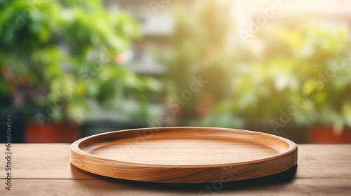 Empty wooden tray on perspective wooden table on top over blur background view from the coffee shop window. Can be used mock up for montage products display or design layout generative Ai
