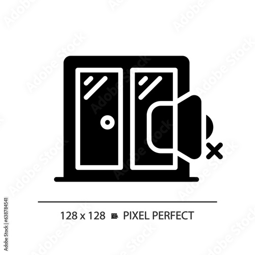 2D pixel perfect soundproof windows glyph style icon, isolated vector, soundproofing solid illustration.