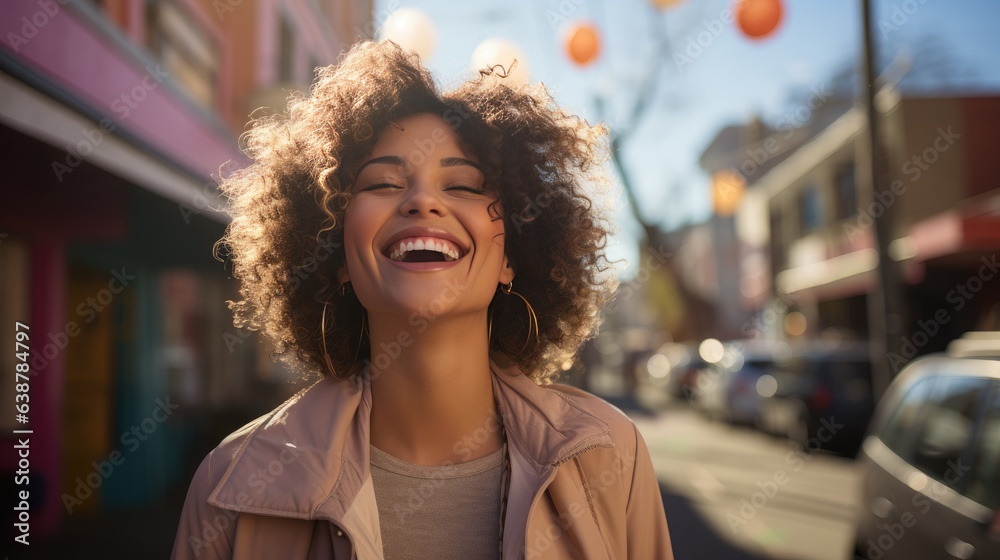 Portrait of a pretty happy young black woman with brown curls laughing on a street 
